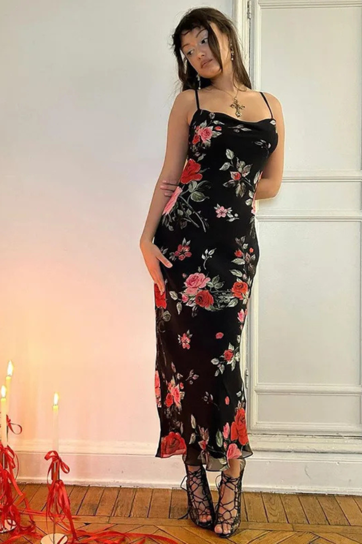 Women's Floral Maxi Dress with Spaghetti Straps in Black for Summer Weddings 2