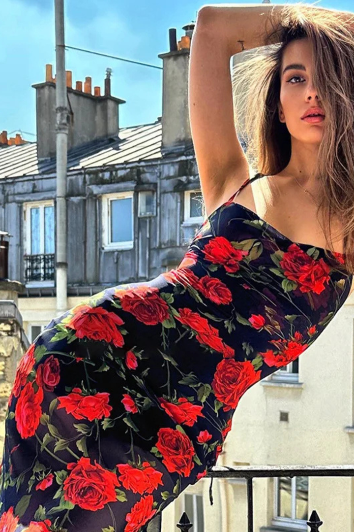 Women's Floral Maxi Dress with Spaghetti Straps in Black for Summer Weddings 4