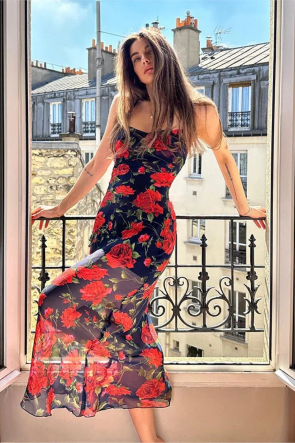 Women's Floral Maxi Dress with Spaghetti Straps in Black for Summer Weddings 5