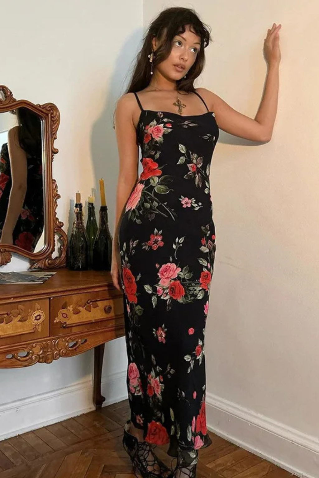 Women's Floral Maxi Dress with Spaghetti Straps in Black for Summer Weddings 6