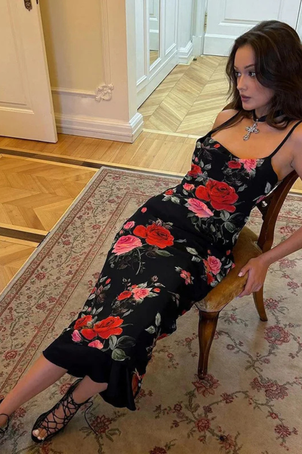Women's Floral Maxi Dress with Spaghetti Straps in Black for Summer Weddings 8
