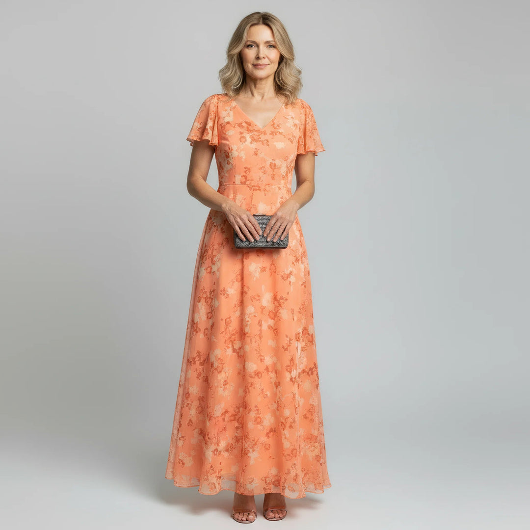 Women's Floral Maxi Dress with V-Neck and Flutter Sleeves in Lightweight Chiffon for Summer Events