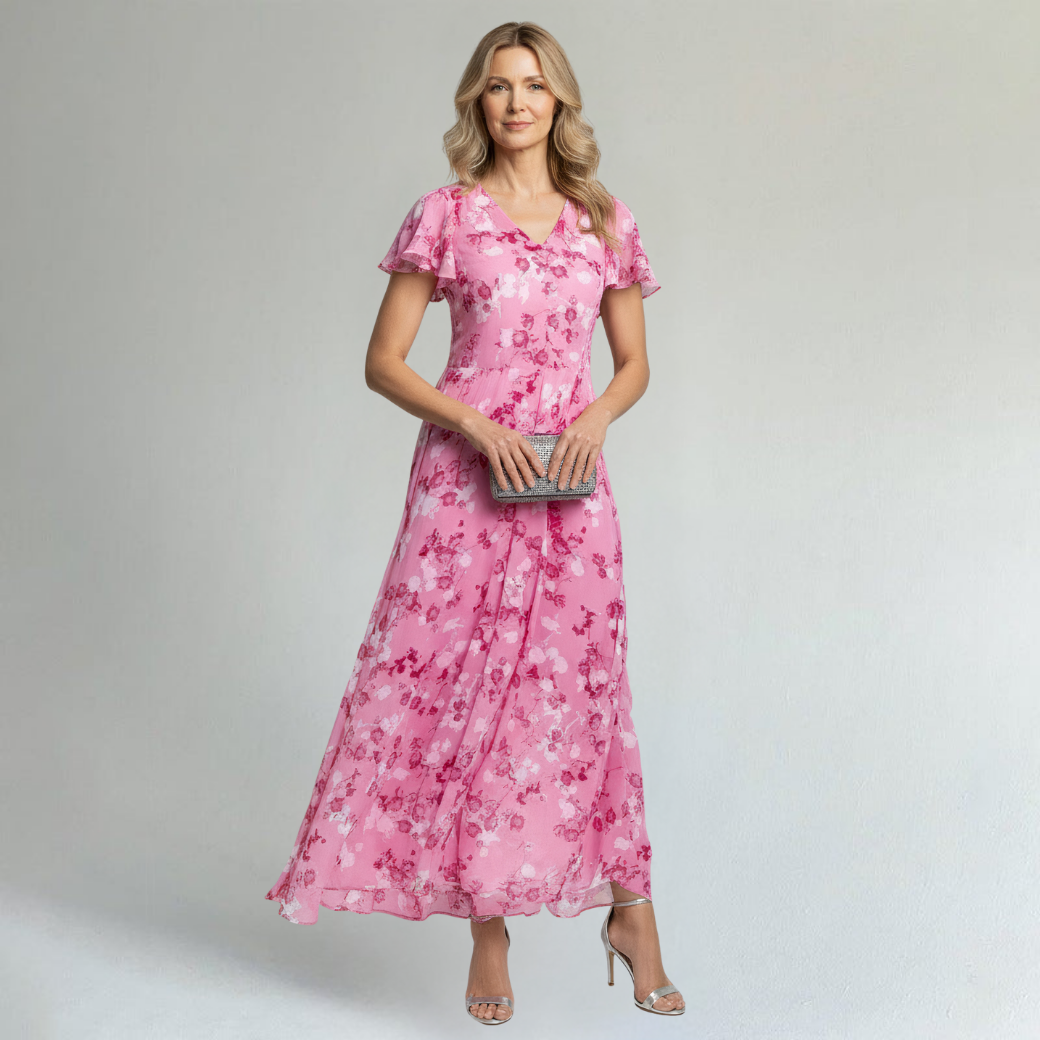 Women's Floral Maxi Dress with V-Neck and Flutter Sleeves in Lightweight Chiffon for Summer Events