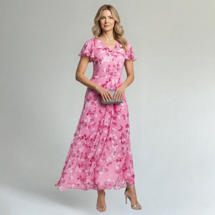 Women's Floral Maxi Dress with V-Neck and Flutter Sleeves in Lightweight Chiffon for Summer Events