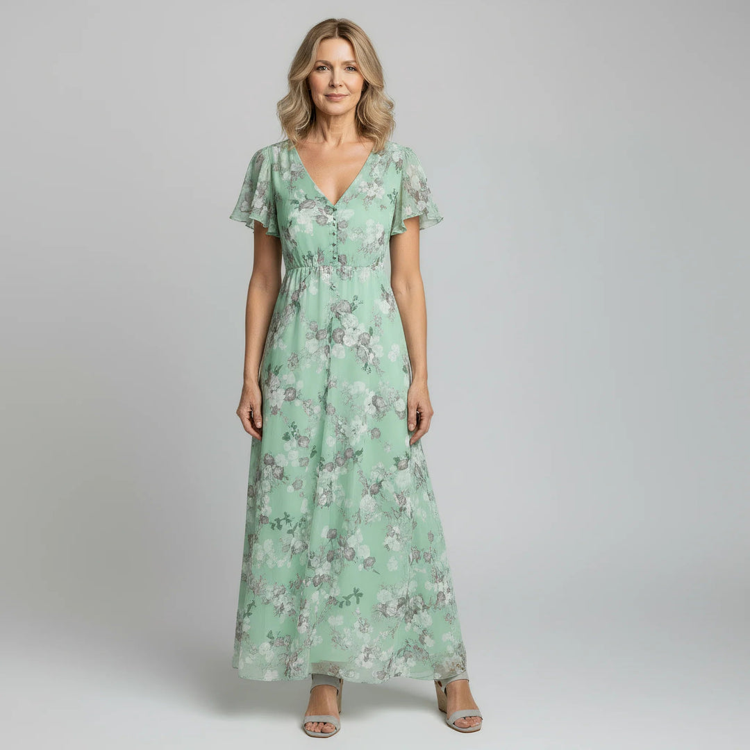 Women's Floral Maxi Dress with V-Neck and Flutter Sleeves in Lightweight Chiffon for Summer Events
