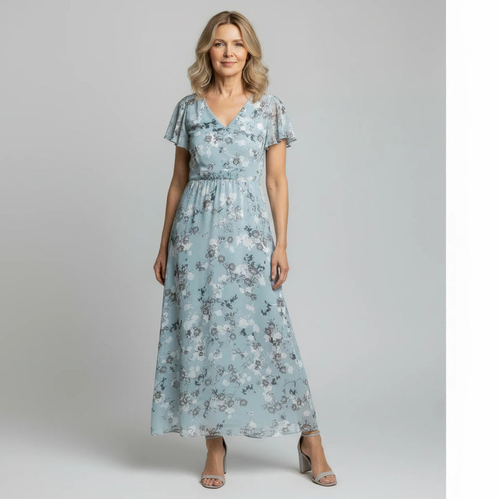 Women's Floral Maxi Dress with V-Neck and Flutter Sleeves in Lightweight Chiffon for Summer Events
