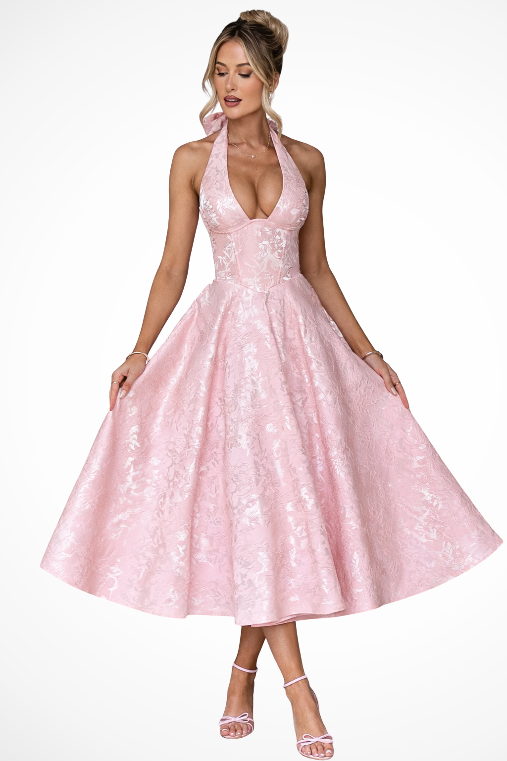 Women's Floral Pattern Halter Neck Midi Dress | Elegant A-Line Summer Evening Gown 0