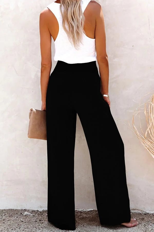 Women's High-Waisted Trousers with Smocked Waistband in Soft Fabric for Casual and Evening Wear