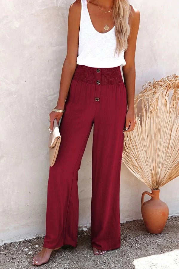 Women's High-Waisted Trousers with Smocked Waistband in Soft Fabric for Casual and Evening Wear