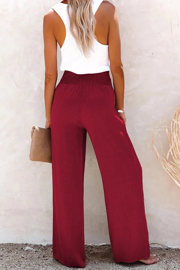 Women's High-Waisted Trousers with Smocked Waistband in Soft Fabric for Casual and Evening Wear