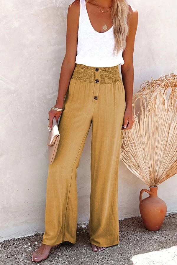 Women's High-Waisted Trousers with Smocked Waistband in Soft Fabric for Casual and Evening Wear