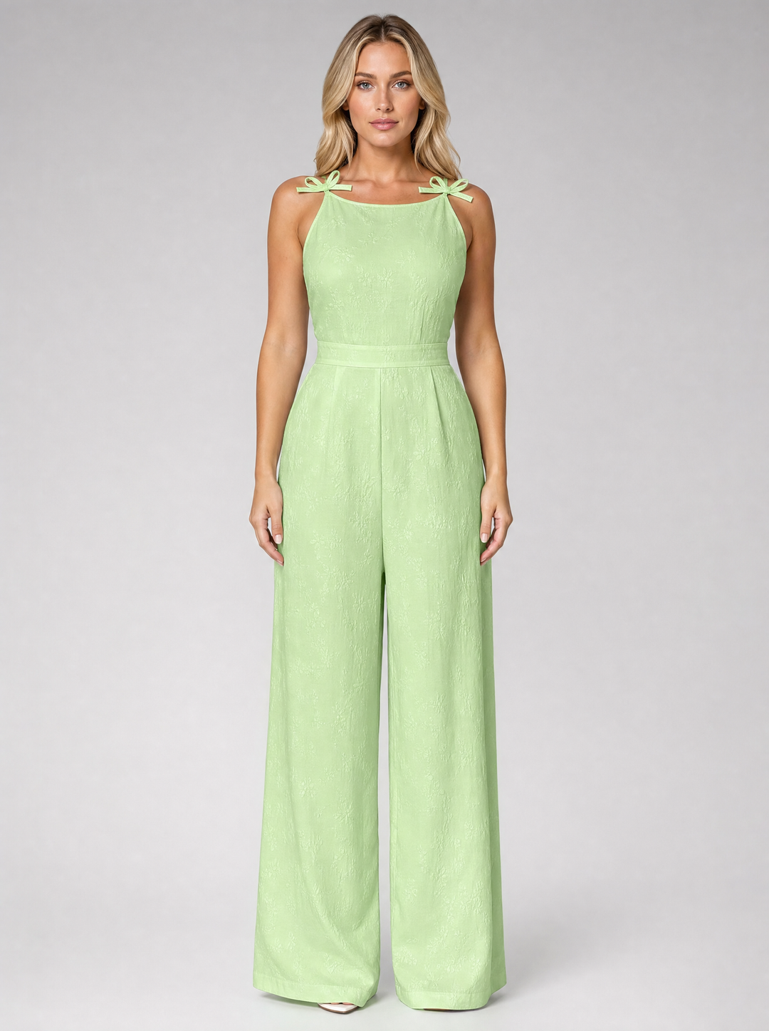 Women's Jacquard Wide Leg Jumpsuit with Bow Tie Straps in Pastel Green for Summer Occasions