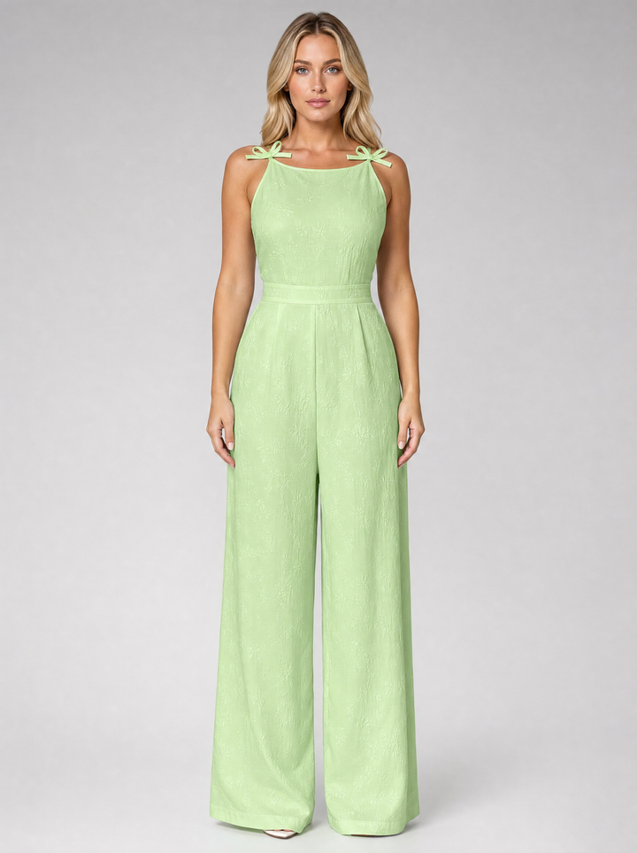 Women's Jacquard Wide Leg Jumpsuit with Bow Tie Straps in Pastel Green for Summer Occasions