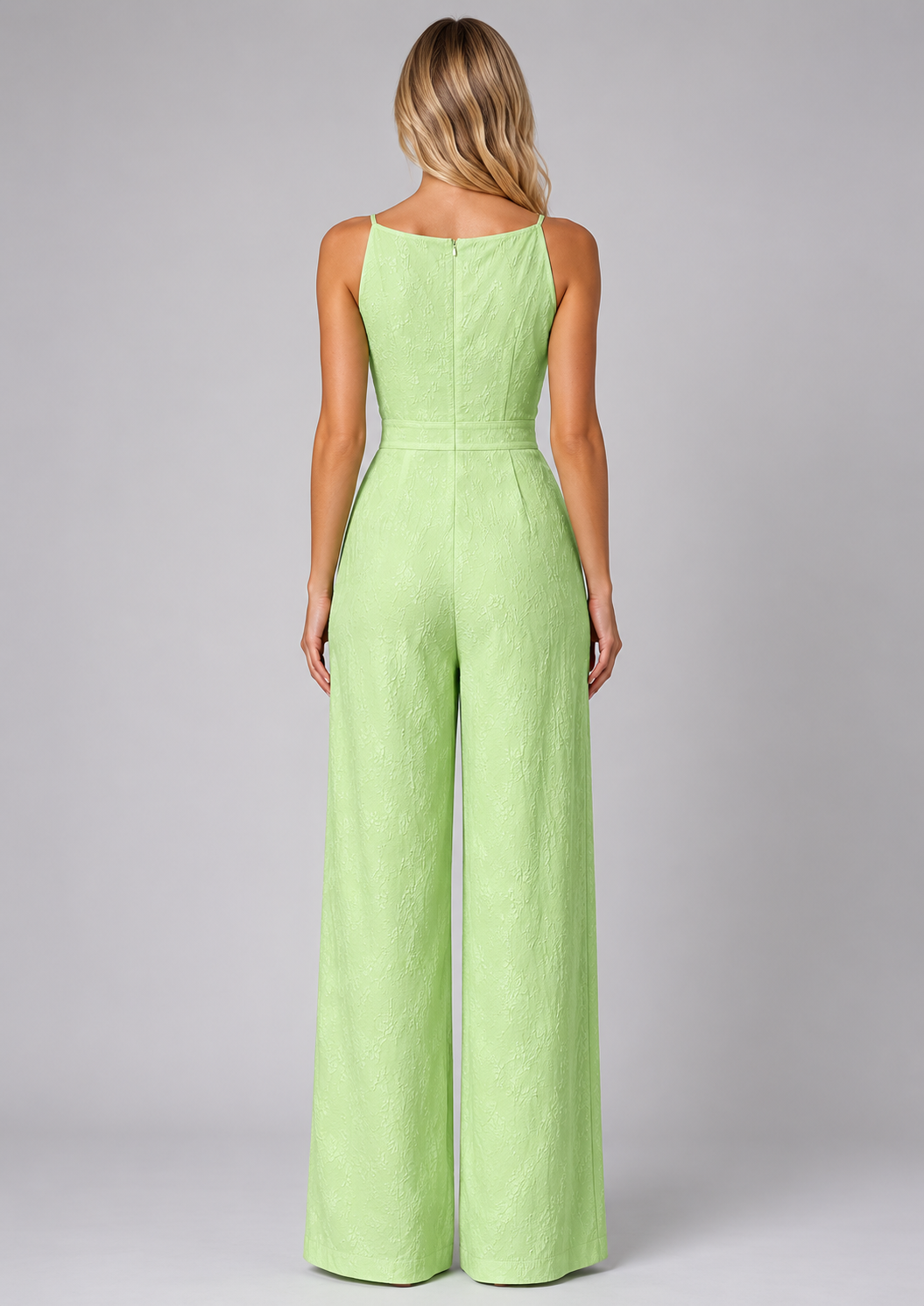Women's Jacquard Wide Leg Jumpsuit with Bow Tie Straps in Pastel Green for Summer Occasions