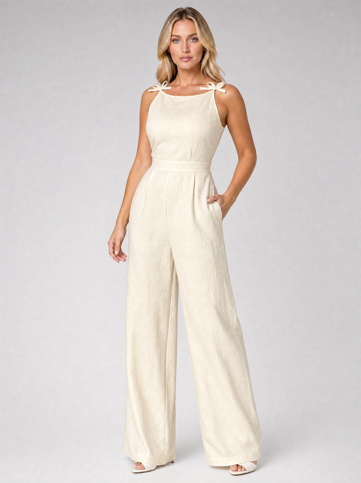 Women's Jacquard Wide Leg Jumpsuit with Bow Tie Straps in Pastel Green for Summer Occasions