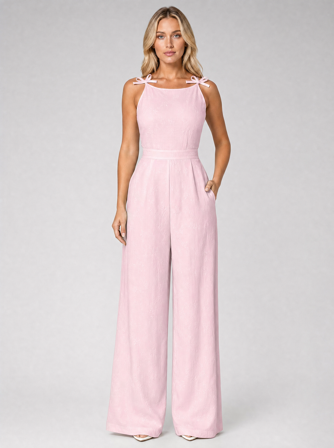 Women's Jacquard Wide Leg Jumpsuit with Bow Tie Straps in Pastel Green for Summer Occasions