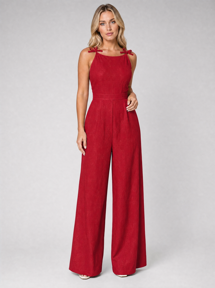 Women's Jacquard Wide Leg Jumpsuit with Bow Tie Straps in Pastel Green for Summer Occasions