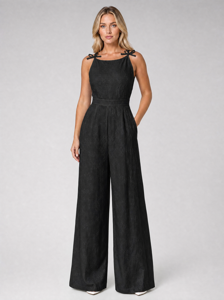 Women's Jacquard Wide Leg Jumpsuit with Bow Tie Straps in Pastel Green for Summer Occasions