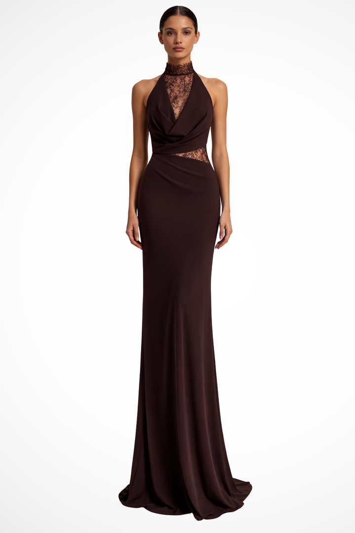 Women's Lace Maxi Dress | Elegant Halter Neck Formal Gown for Special Occasions
