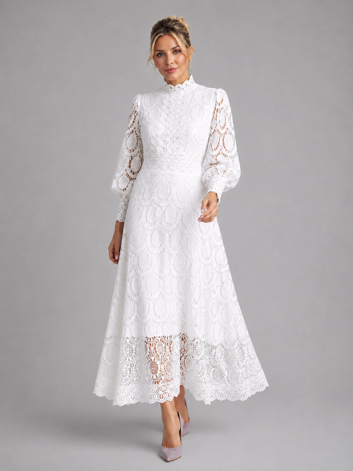 Women's Lace Midi Dress with Tailored Fit for Elegant Evening Events in Lightweight Fabric