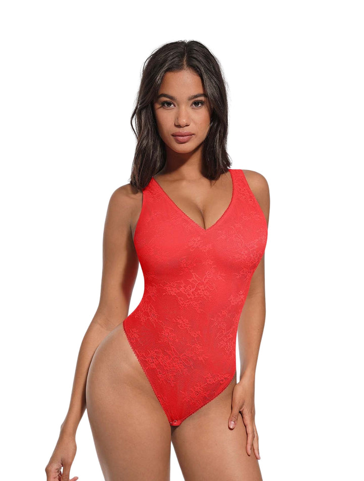 Women's Lace Thong Bodysuit Deep V-Neck with Mesh Lining