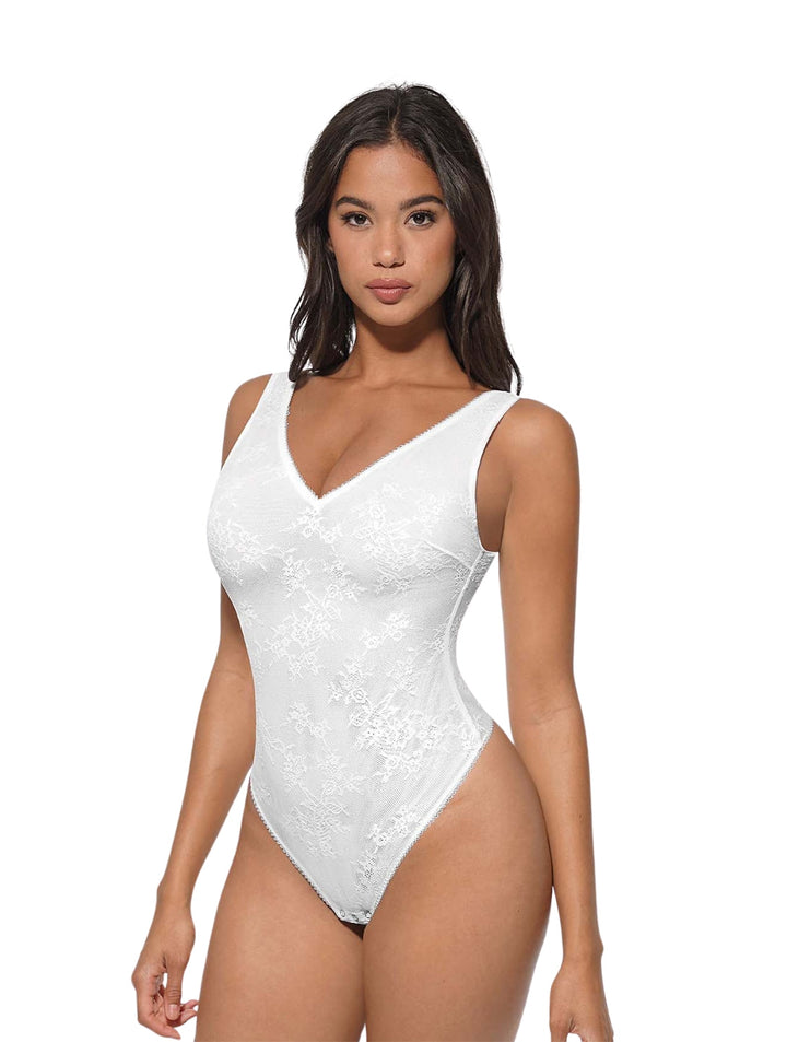 Women's Lace Thong Bodysuit Deep V-Neck with Mesh Lining