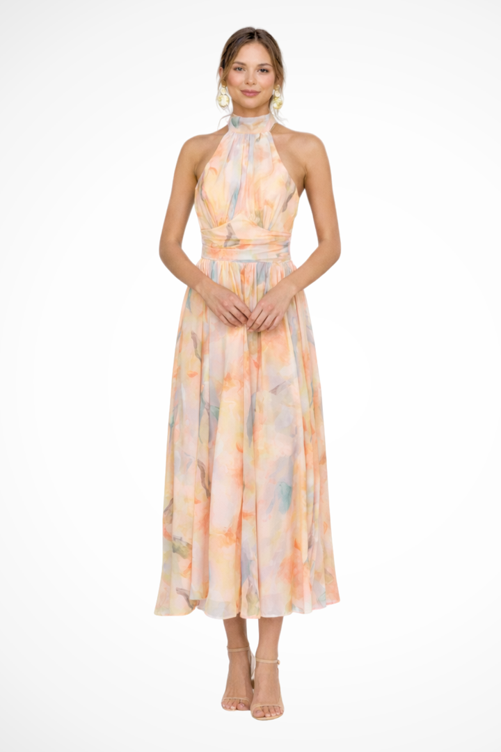 Women's Lightweight Abstract Print Maxi Dress | Elegant Halter Neck Summer Gown