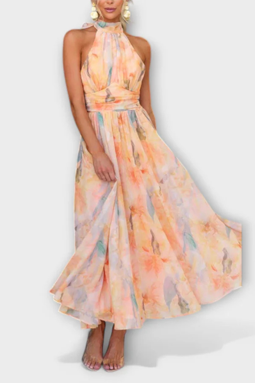 Women's Lightweight Abstract Print Maxi Dress | Elegant Halter Neck Summer Gown