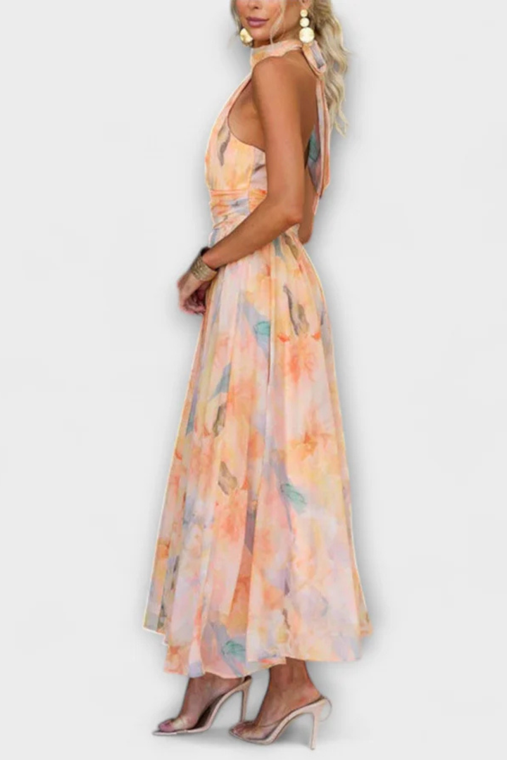 Women's Lightweight Abstract Print Maxi Dress | Elegant Halter Neck Summer Gown