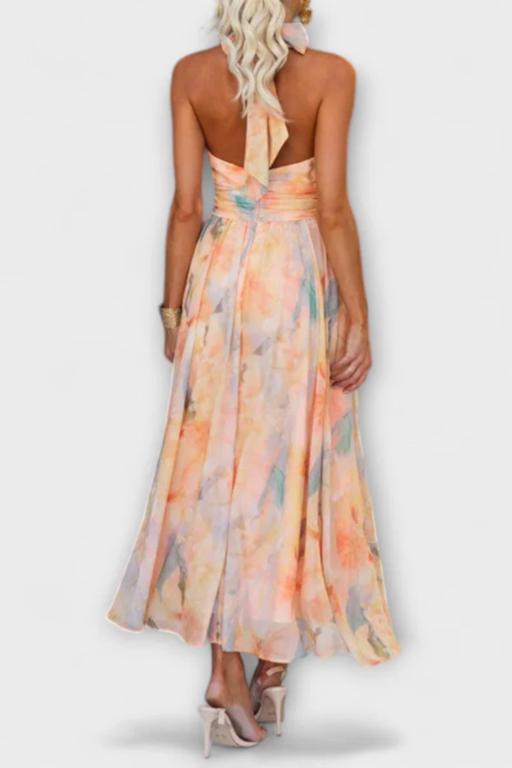 Women's Lightweight Abstract Print Maxi Dress | Elegant Halter Neck Summer Gown
