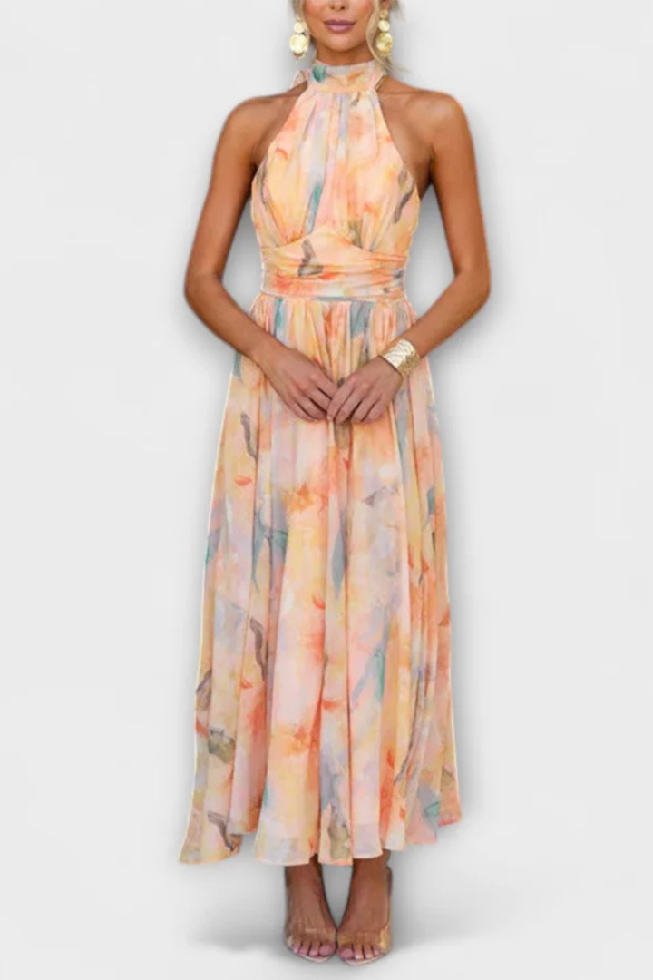 Women's Lightweight Abstract Print Maxi Dress | Elegant Halter Neck Summer Gown