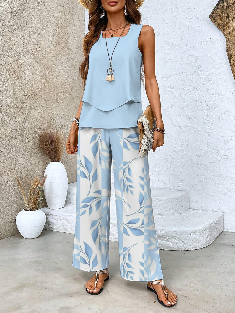 Women's Lightweight Fabric Loungewear Set | Elegant Sleeveless Blouse and Wide-Leg Pants 0