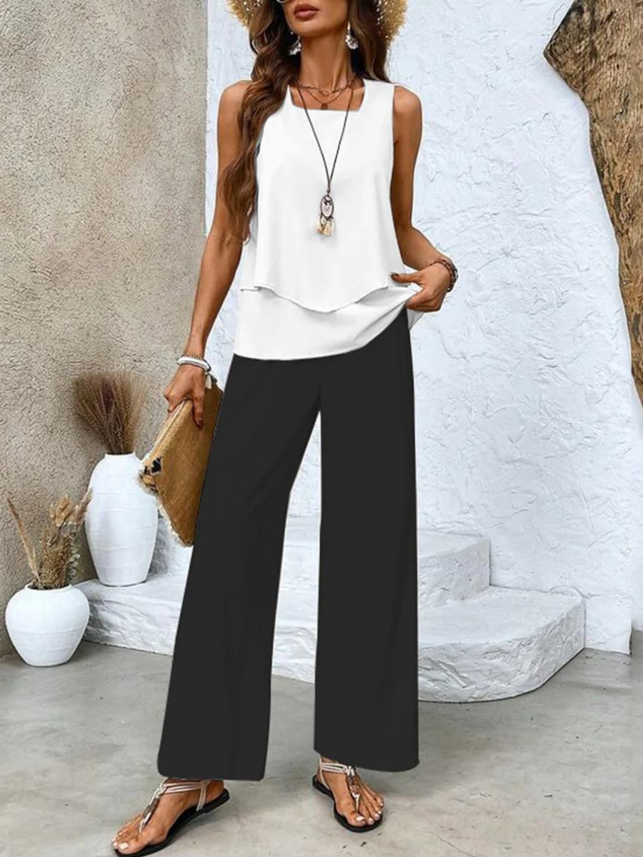 Women's Lightweight Fabric Loungewear Set | Elegant Sleeveless Blouse and Wide-Leg Pants 1