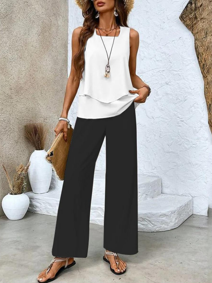 Women's Lightweight Fabric Loungewear Set | Elegant Sleeveless Blouse and Wide-Leg Pants 1