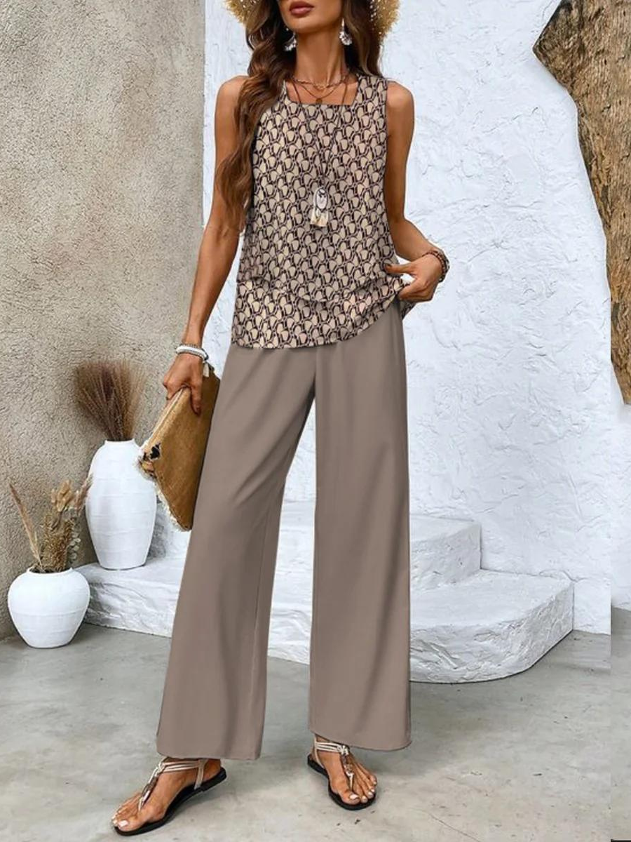 Women's Lightweight Fabric Loungewear Set | Elegant Sleeveless Blouse and Wide-Leg Pants 2