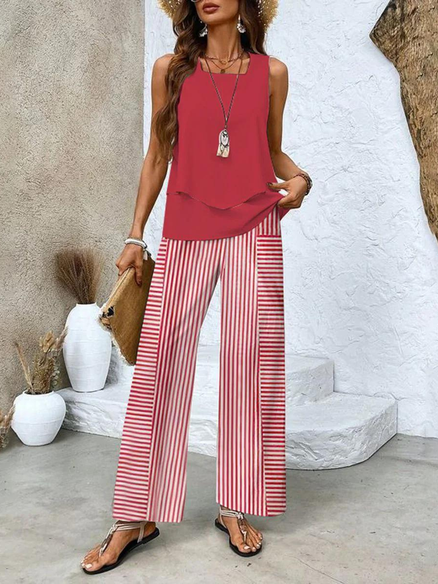 Women's Lightweight Fabric Loungewear Set | Elegant Sleeveless Blouse and Wide-Leg Pants 3