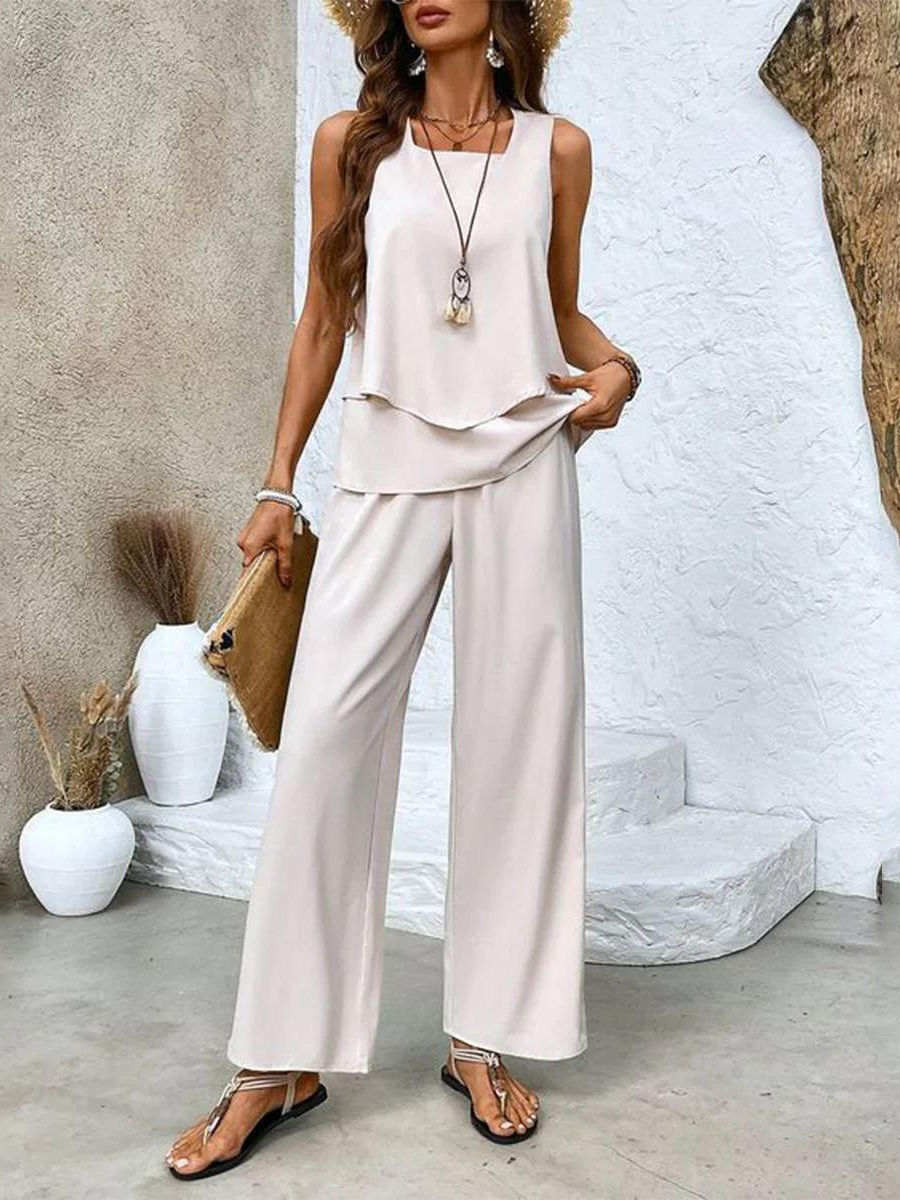 Women's Lightweight Fabric Loungewear Set | Elegant Sleeveless Blouse and Wide-Leg Pants 5
