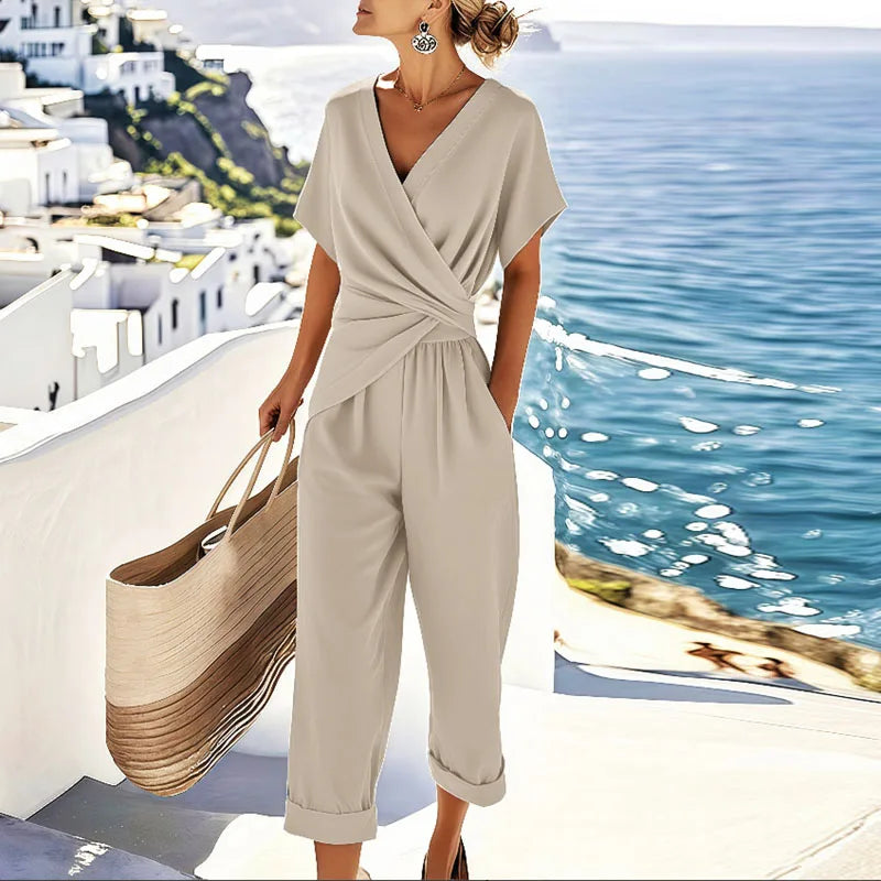 Women's Lightweight Fabric Two Piece Set | Elegant Wrap-Front Top and Tailored Trousers for Summer 0