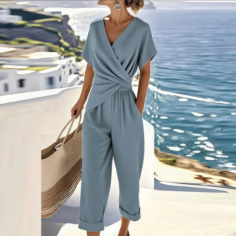 Women's Lightweight Fabric Two Piece Set | Elegant Wrap-Front Top and Tailored Trousers for Summer 1