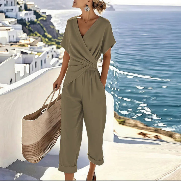 Women's Lightweight Fabric Two Piece Set | Elegant Wrap-Front Top and Tailored Trousers for Summer 2