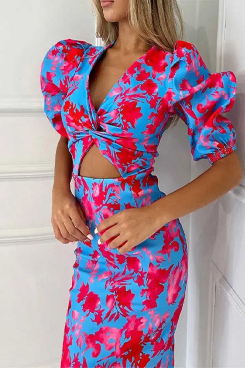 Women's Lightweight Floral Print Midi Dress | Elegant Puff Sleeve Summer Dress