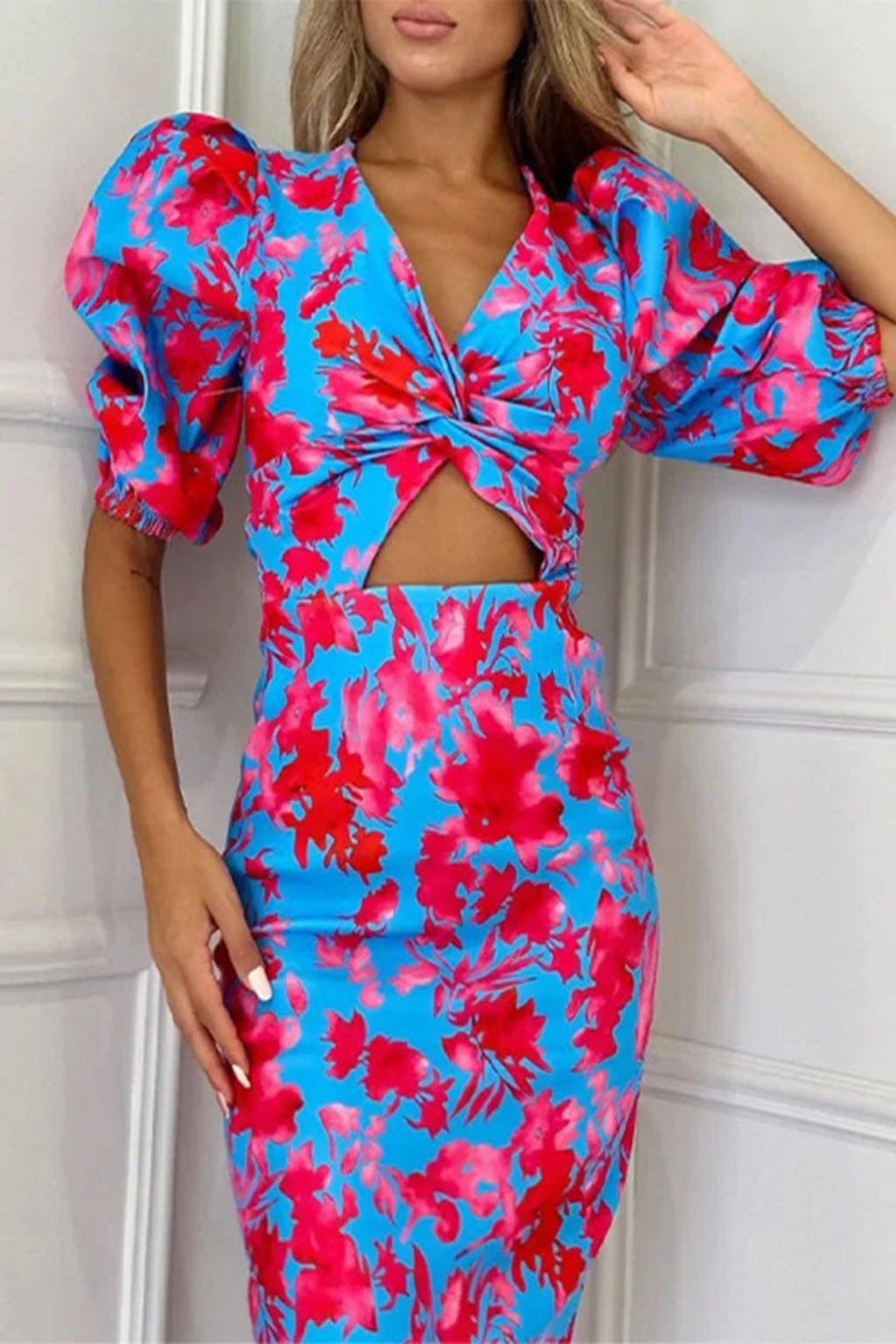 Women's Lightweight Floral Print Midi Dress | Elegant Puff Sleeve Summer Dress
