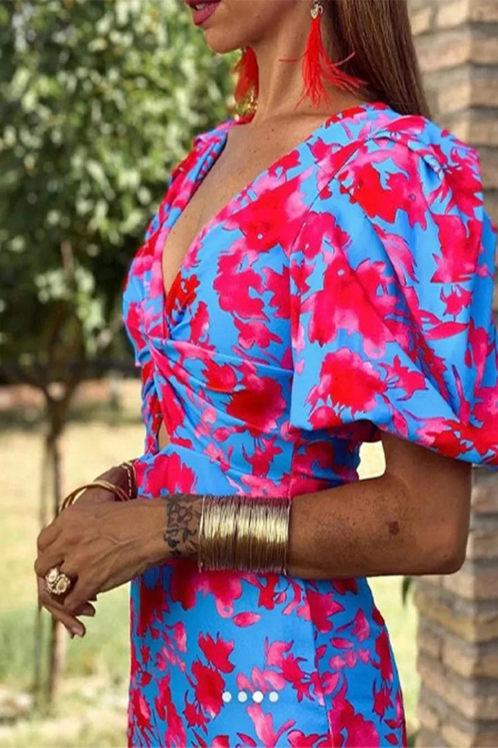 Women's Lightweight Floral Print Midi Dress | Elegant Puff Sleeve Summer Dress
