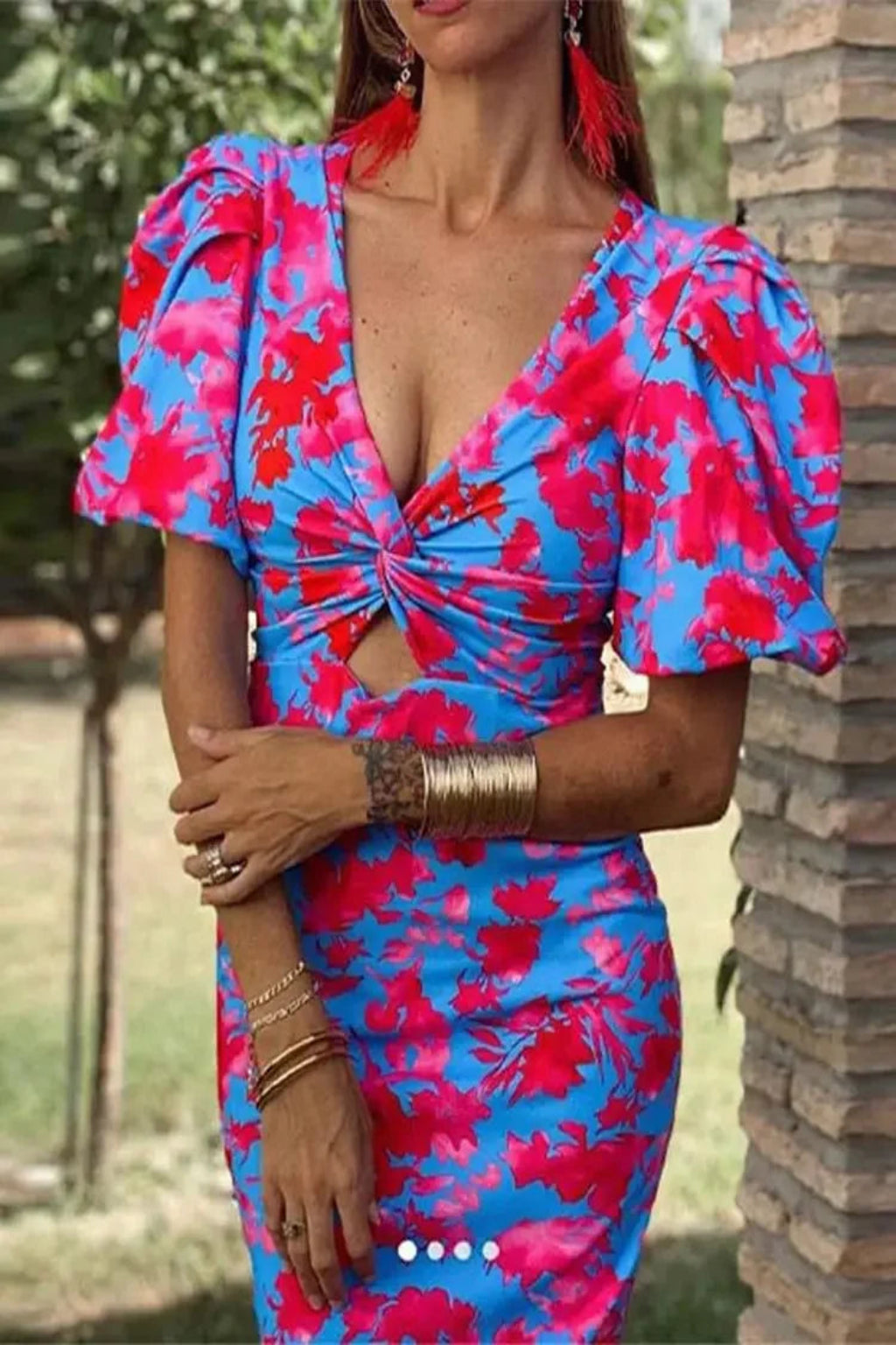 Women's Lightweight Floral Print Midi Dress | Elegant Puff Sleeve Summer Dress
