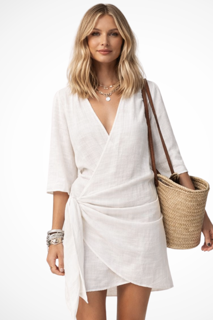 Women's Lightweight Linen Wrap Mini Dress | Stylish Asymmetrical Summer Dress