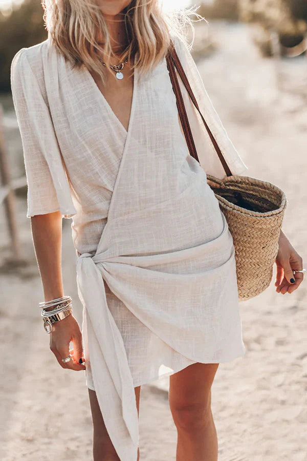 Women's Lightweight Linen Wrap Mini Dress | Stylish Asymmetrical Summer Dress