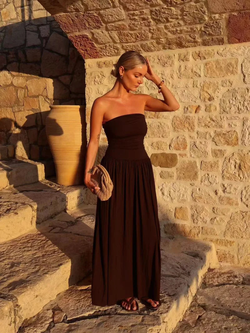 Women's Lightweight Pleated Maxi Dress | Elegant Strapless Summer Gown
