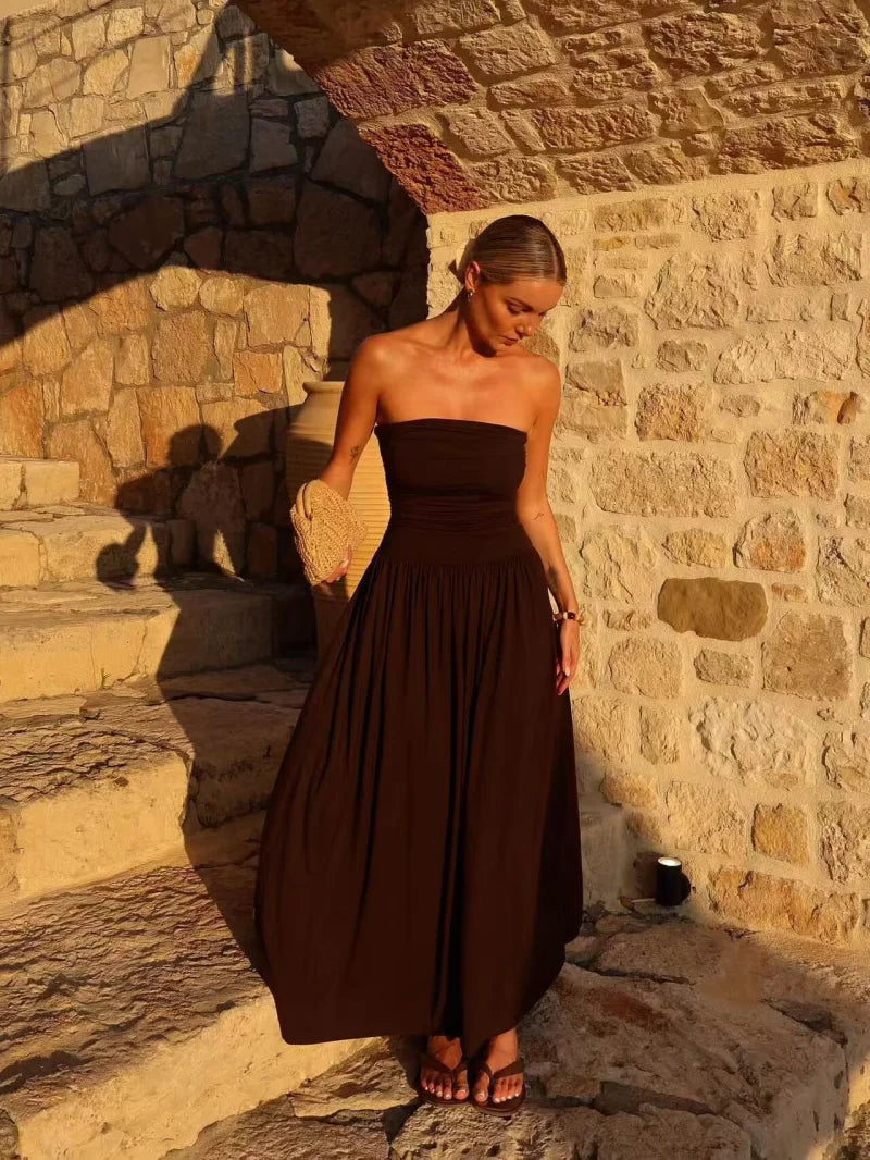 Women's Lightweight Pleated Maxi Dress | Elegant Strapless Summer Gown