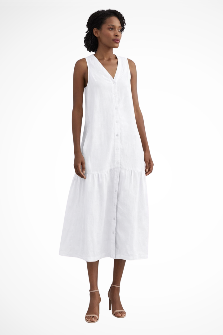 Women's Linen Maxi Dress | Elegant Sleeveless White Summer Dress with Button Front Design