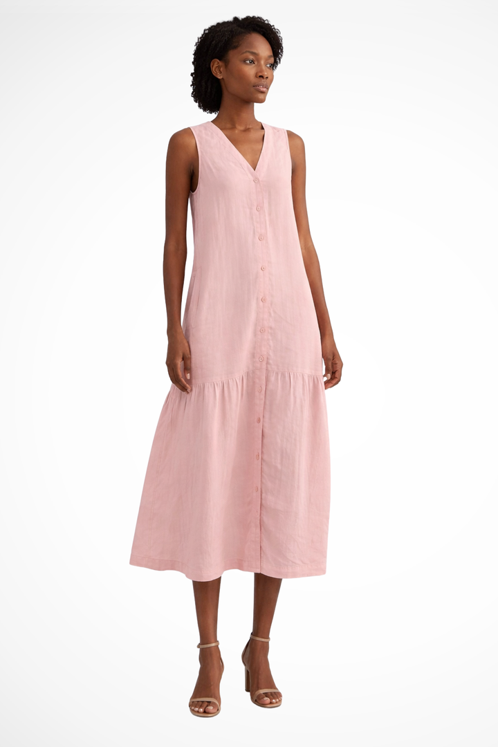 Women's Linen Maxi Dress | Elegant Sleeveless White Summer Dress with Button Front Design